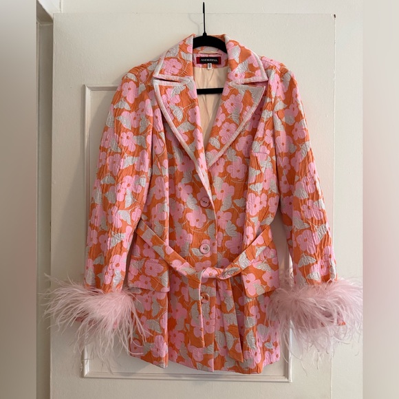 Andreeva Pink Jacquard Blazer w/ Detachable Feather Cuffs - M